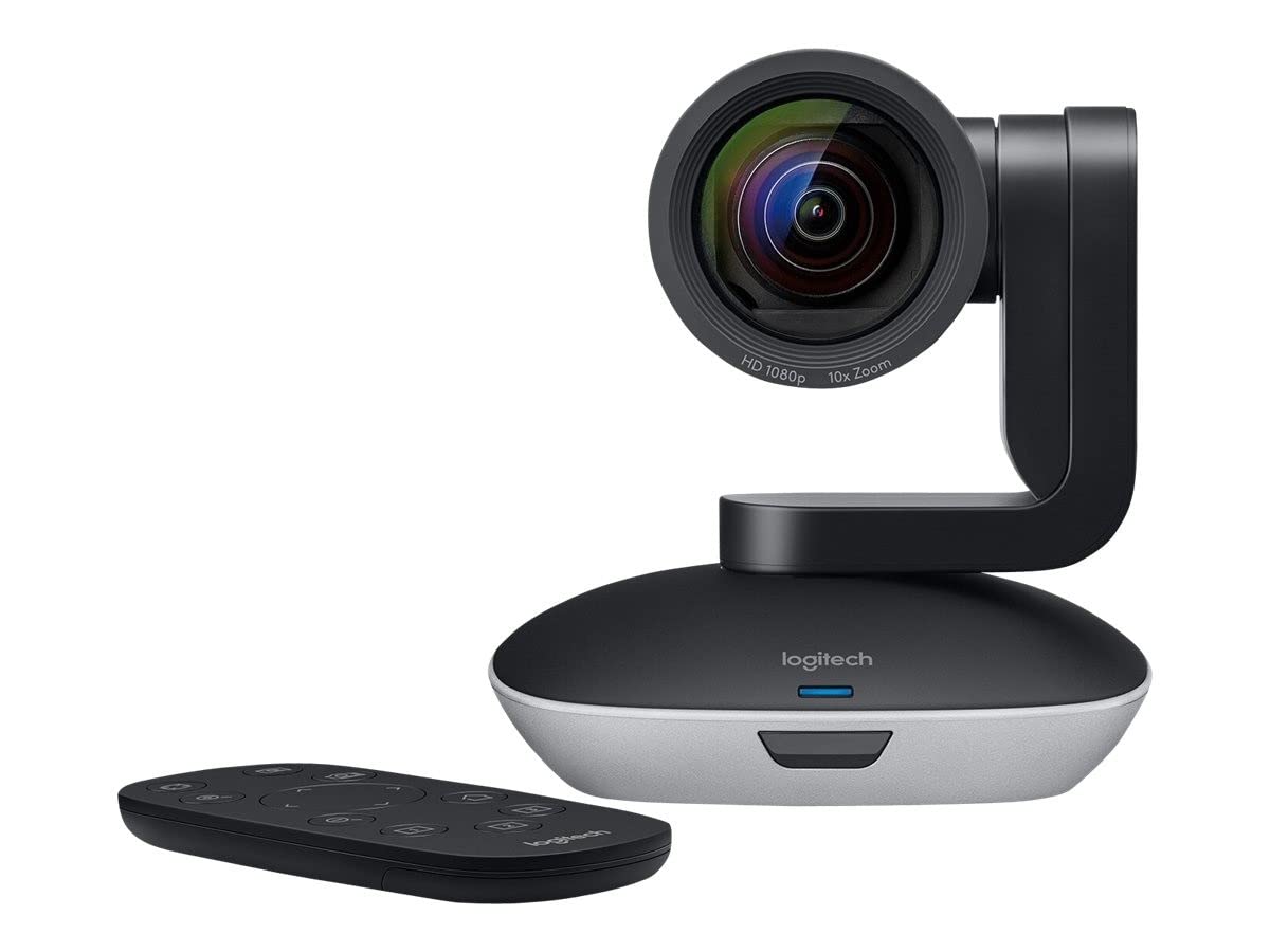 A black Logitech pan-tilt-zoom (PTZ) camera with its lens prominently displayed, used for video conferencing.